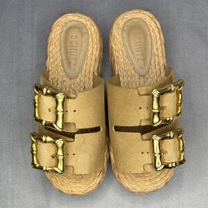 🔥🔥🔥SCHUTZ Tan Slide Sandals with Gold Accent Size: 6.5B🔥🔥🔥